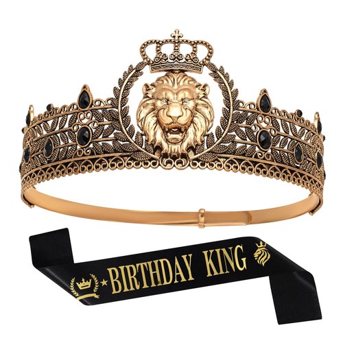 JITINX King Crown and Birthday Sash, King Crown for Men,Gold Men's Tiara Prince Diadem,Royal Medieval Cosplay Birthday Prom Halloween Hair Accessories (Antique Gold Black Crown)