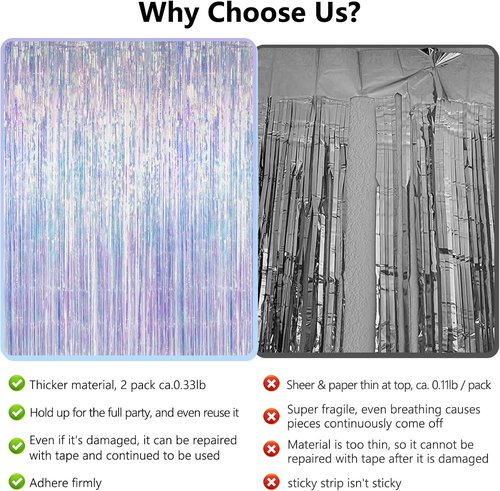 Iridescent Party Decorations - Thick Holographic Streamers | 2 Pack 3.3x6.6 FT Backdrop Curtains for Birthday & Themed Events