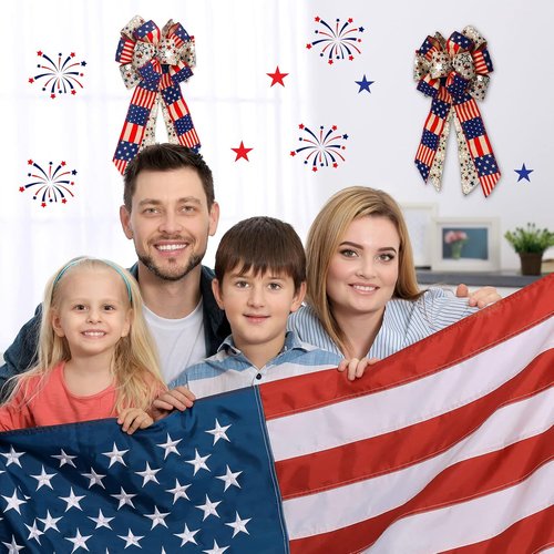 Jutom Patriotic Bow Wreath - Red, White & Blue Star Burlap Bow for 4th of July & Veterans Day | Indoor/Outdoor Decor