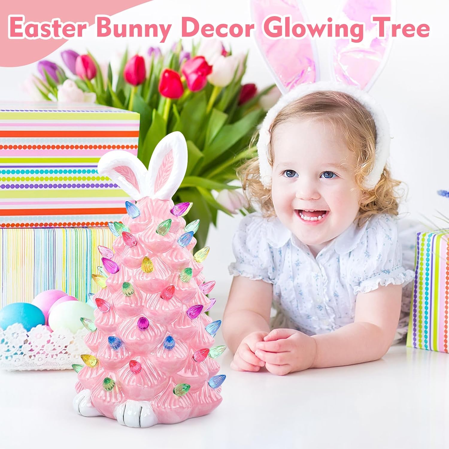 Skiennix Easter Bunny Decor - Glowing Ceramic Tree Night Light for Kids | Cute Indoor Tabletop Decoration (Pink)
