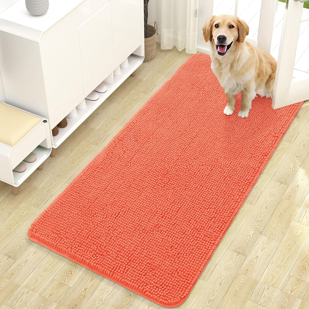 OLANLY Dog Door Mat - Absorbent Non-Slip Chenille Mat for Muddy Paws | 47x24 Coral Indoor Carpet
