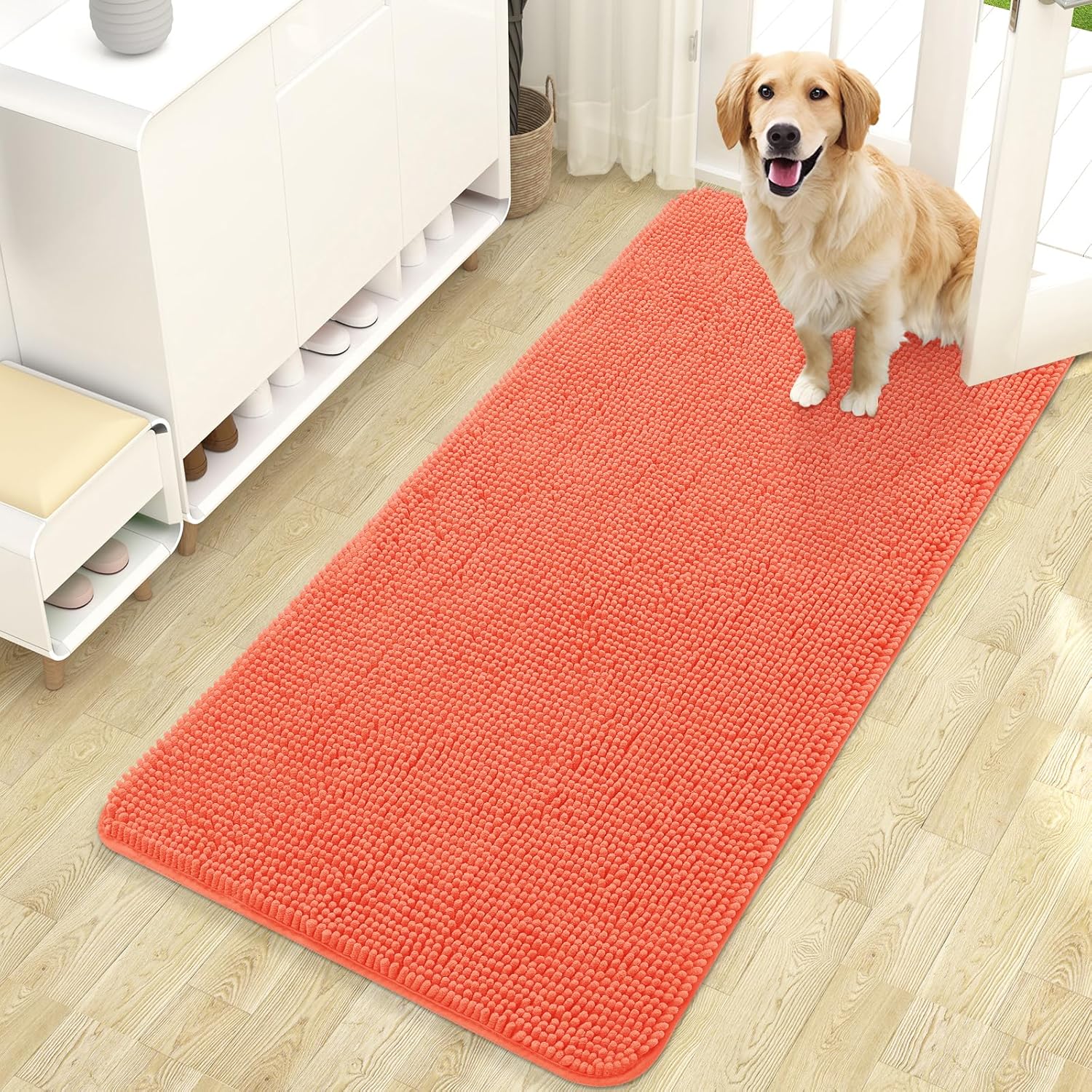 OLANLY Dog Door Mat - Absorbent Non-Slip Chenille Mat for Muddy Paws | 47x24 Coral Indoor Carpet