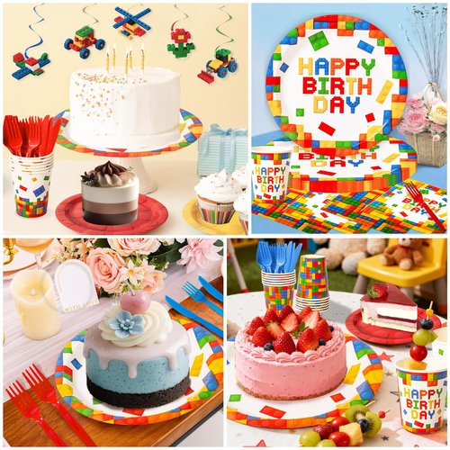 197 Pcs Building Blocks Birthday Paper Plates Tableware Set (Serves 24), Colorful Blocks Supplies Include Banner Pendant Plates Napkins Cups Forks Knives Tablecloth Topper Balloons For Kids Party