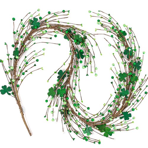 St Patricks Day Shamrock Garland Decorations with Berries Green Clover Decor for Mantel Table Fireplace Door