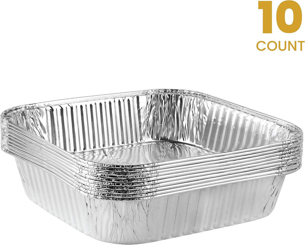 PLASTICPRO Disposable Aluminum Baking Pans - 8'' Square Foil Bakeware for Cakes & Lasagna | Pack of 10