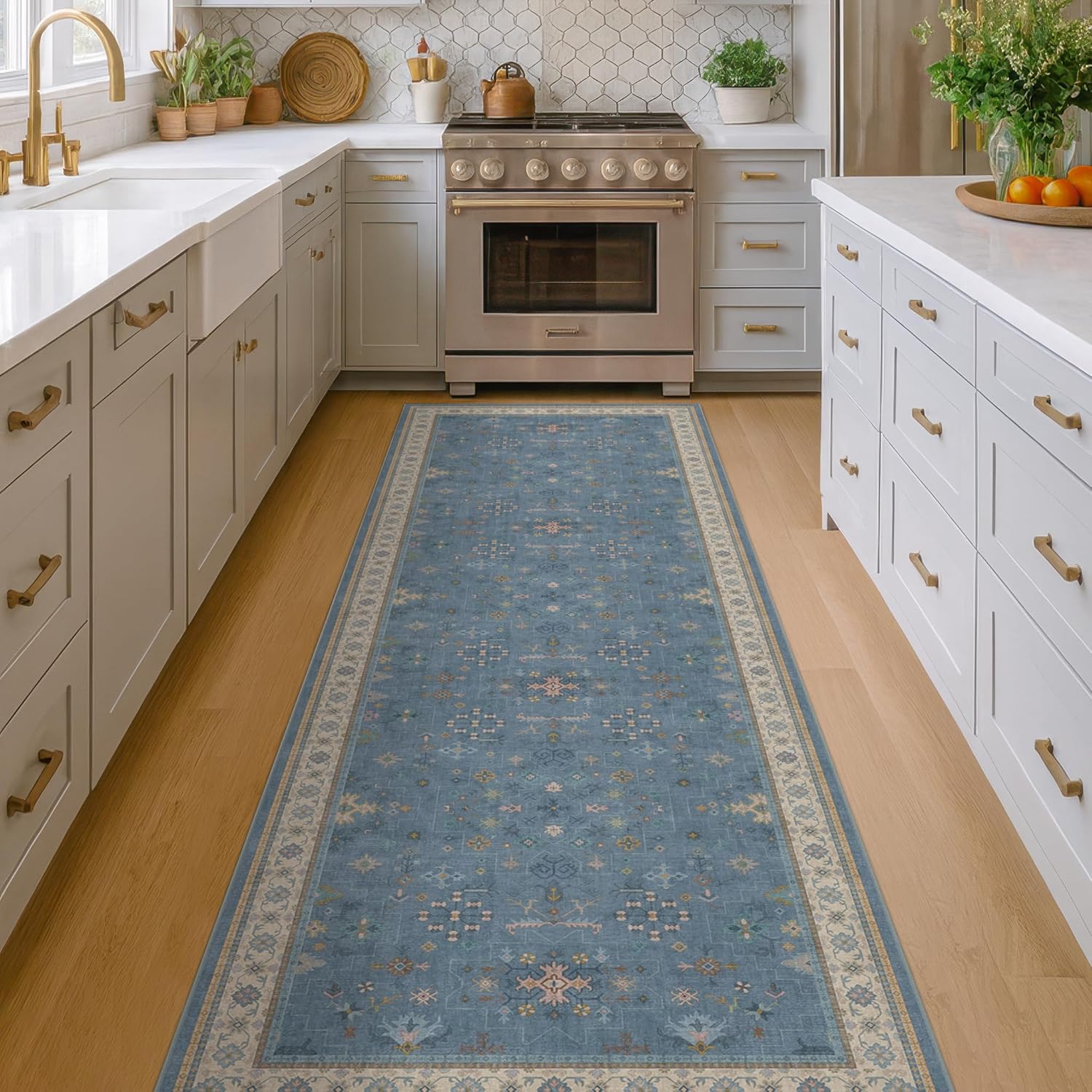 Blue Boho Runner Rug - Washable Non-Slip 2'6''x8' Hallway Rug with Colorful Floral Print