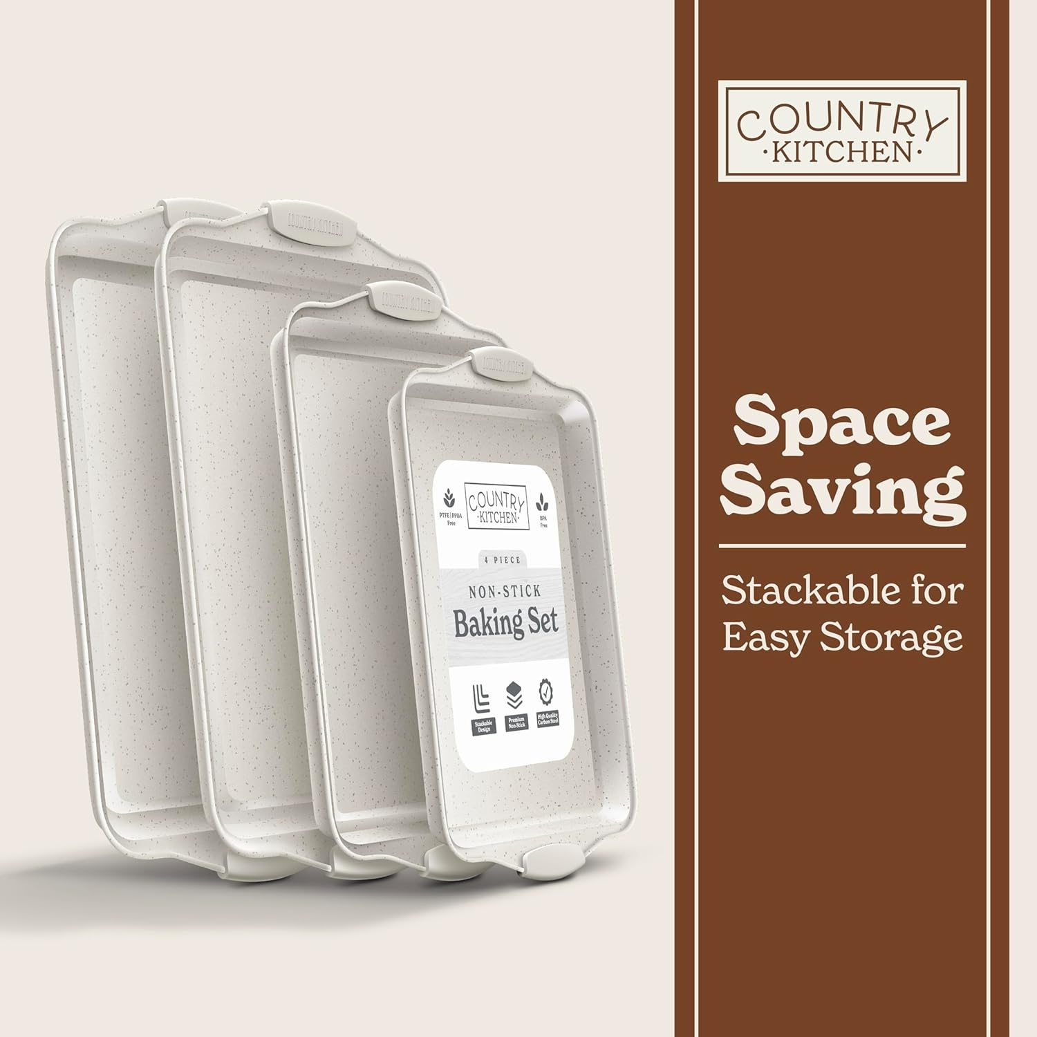 Country Kitchen Nonstick Bakeware Set - Heavy-Duty, Easy Release, Stackable | 4-Piece Cream Set