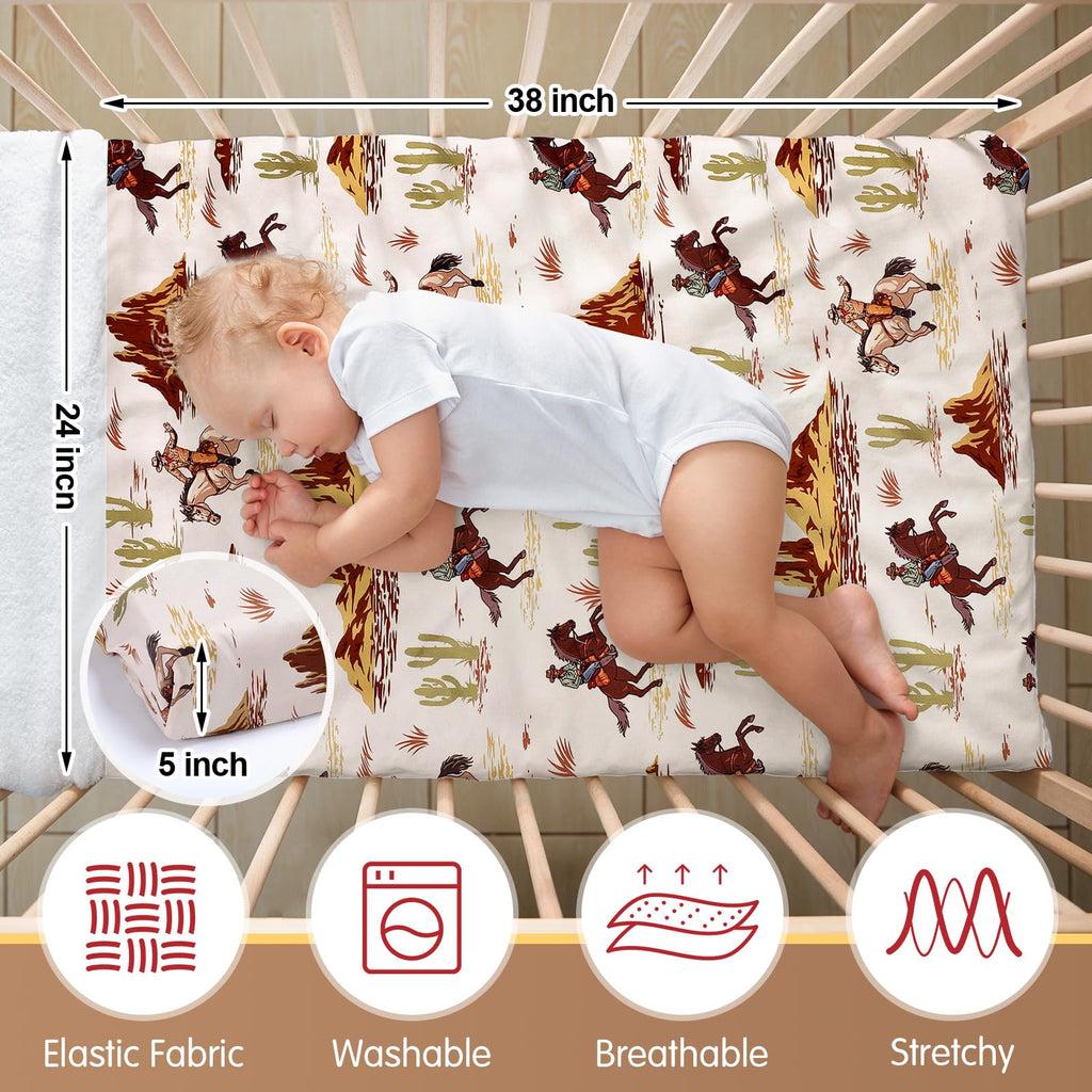 Mindsoft 2 Pcs 24 x 38 in Western Cowboy Infant Crib Sheets Set Mini Portable Crib Sheet Newborn Bedding Nursery Baby Sheets for Girl Boys Baby Gifts Breathable Only for Pack and Play