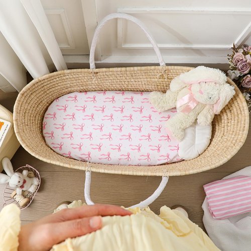 Oudain 2 Pack Pink Baby Bassinet Sheets Girls Bow Coquette 32'' x 16" Stretchable Soft Crib Sheets Cradle Bed Set Fitted Cover for Oval Rectangle Hourglass Mattress Infant Nursery Toddler Room Decor