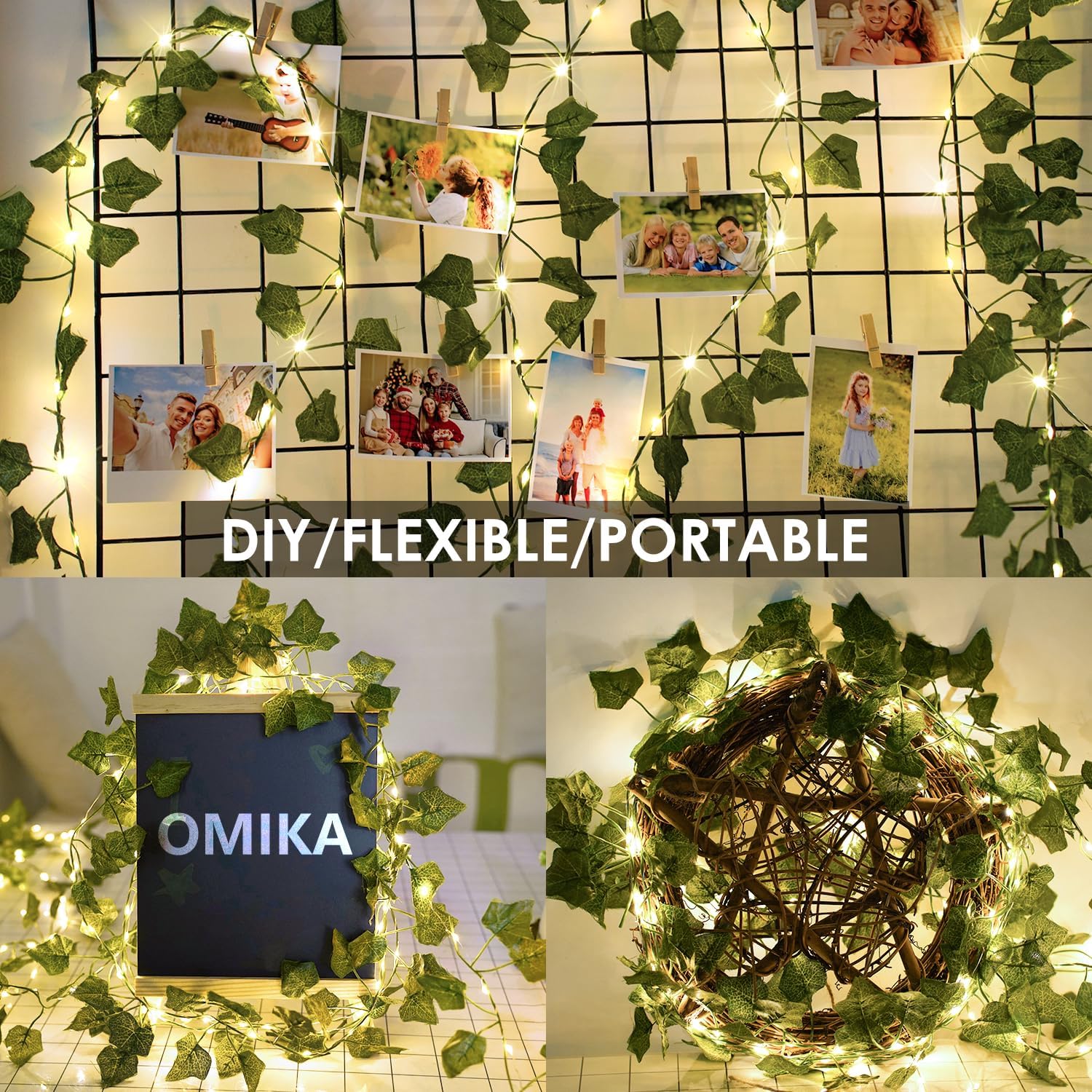 Skiennix 40ft LED Vine Fairy Lights - Battery Operated Ivy String Lights with Remote & Timer | Warm White for Indoor Decor