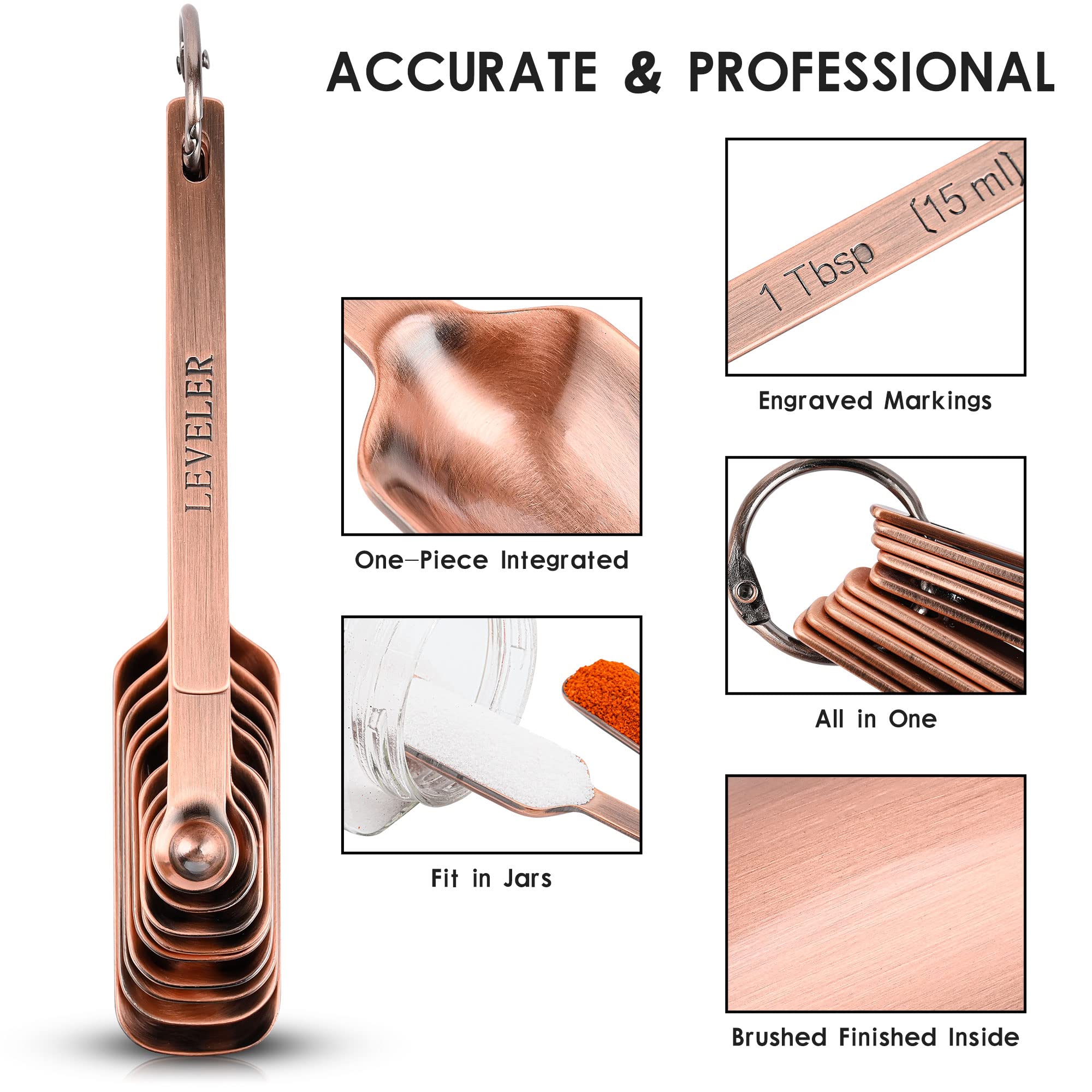 Viwehots Measuring Cups and Spoons Set, Copper Plated Measuring Cups Spoons, Stainless Steel 7 Measuring cups and 9 Measuring Spoons 1 Leveler for Baking and Kitchen, Metal Copper Measure Cups&Spoons