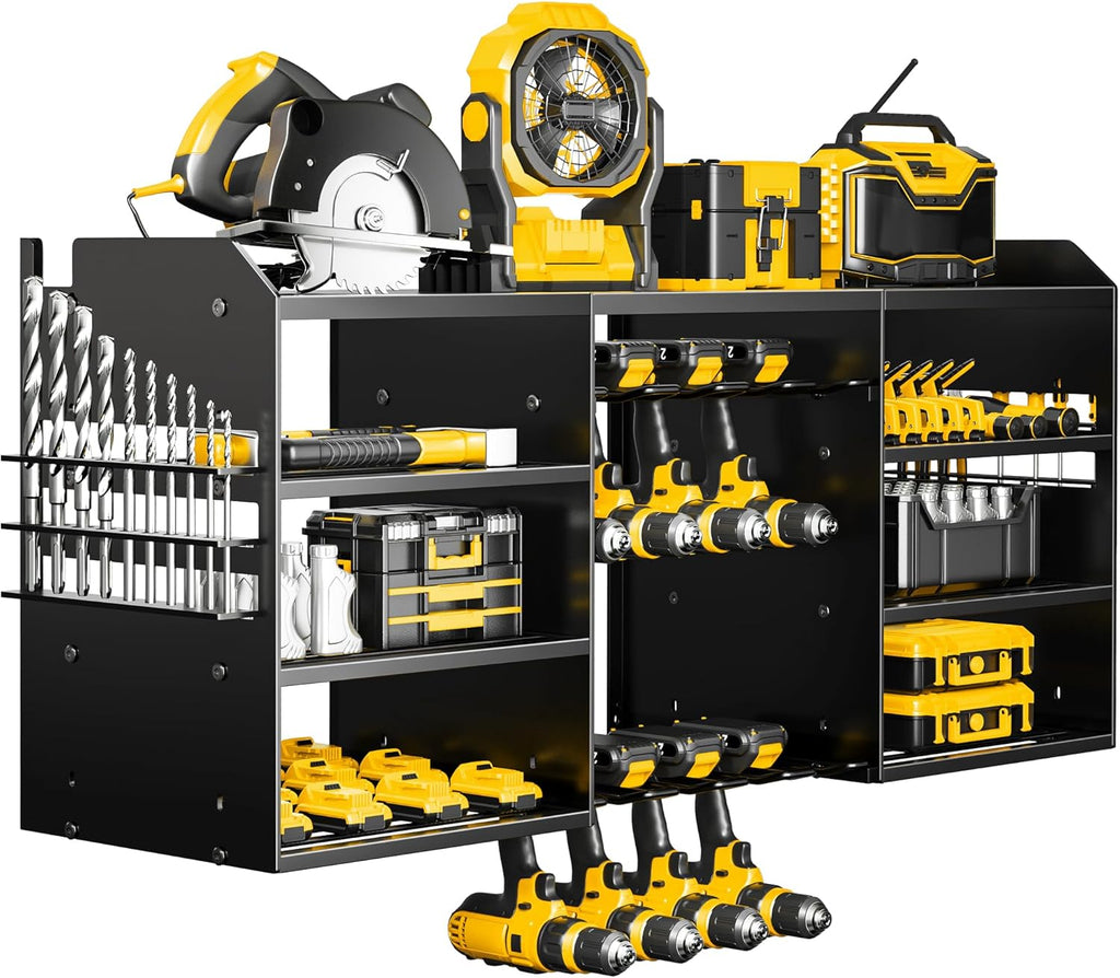 POKIPO Large Power Tool Organizer - Heavy Duty Wall Mount Drill Holder for 8 Drills - Black Utility Rack