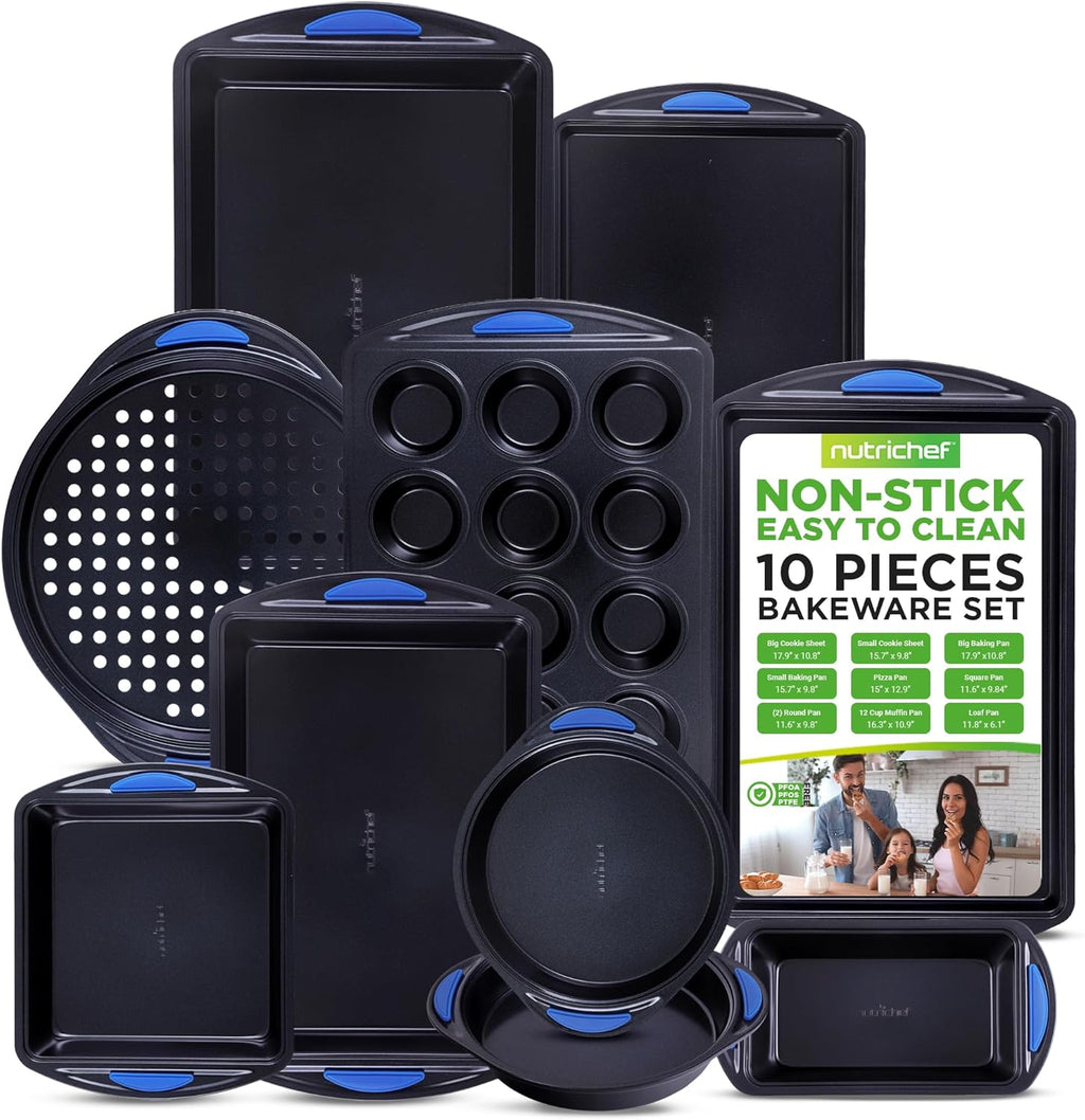 NutriChef 10-Piece Nonstick Bakeware Set - Heavy Duty Carbon Steel with Silicone Handles | Includes Cookie Sheets, Muffin Pan, Pizza & Loaf Pans