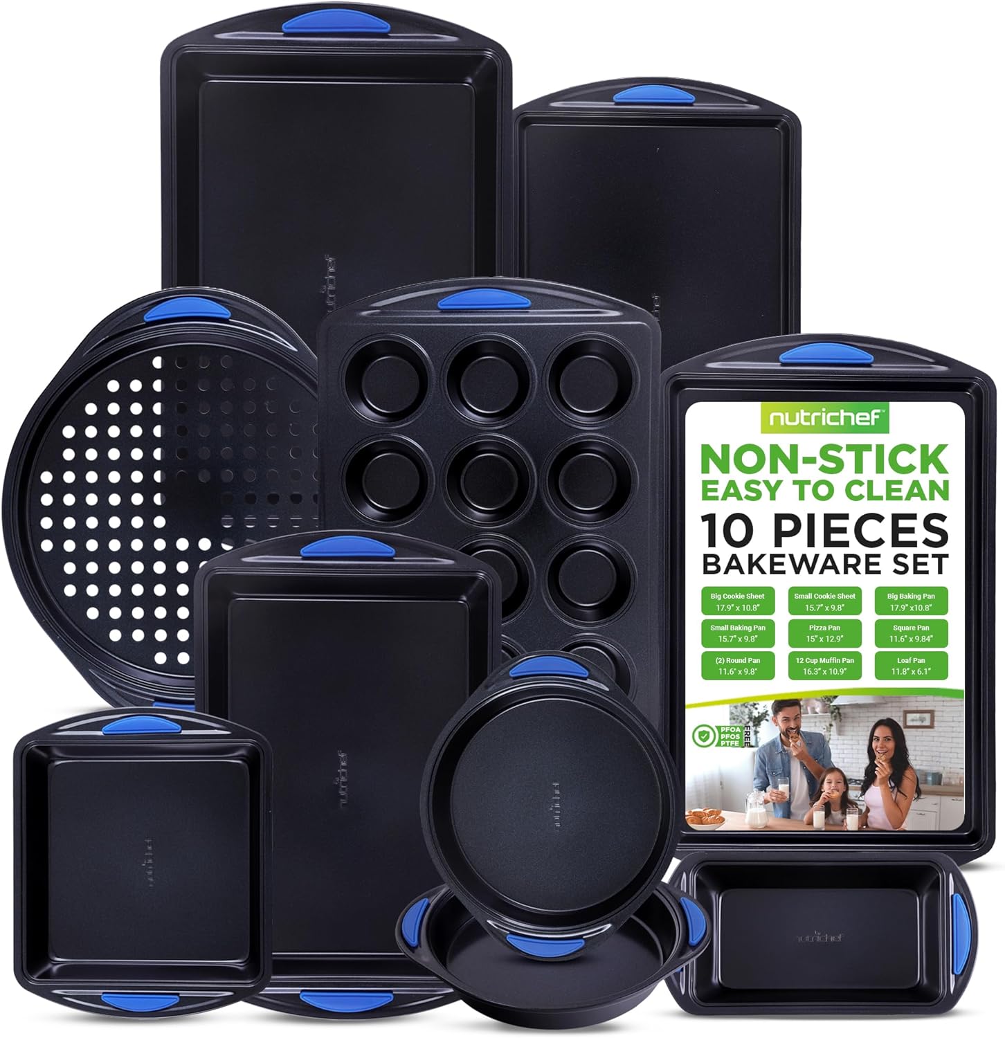 NutriChef 10-Piece Nonstick Bakeware Set - Heavy Duty Carbon Steel with Silicone Handles | Includes Cookie Sheets, Muffin Pan, Pizza & Loaf Pans