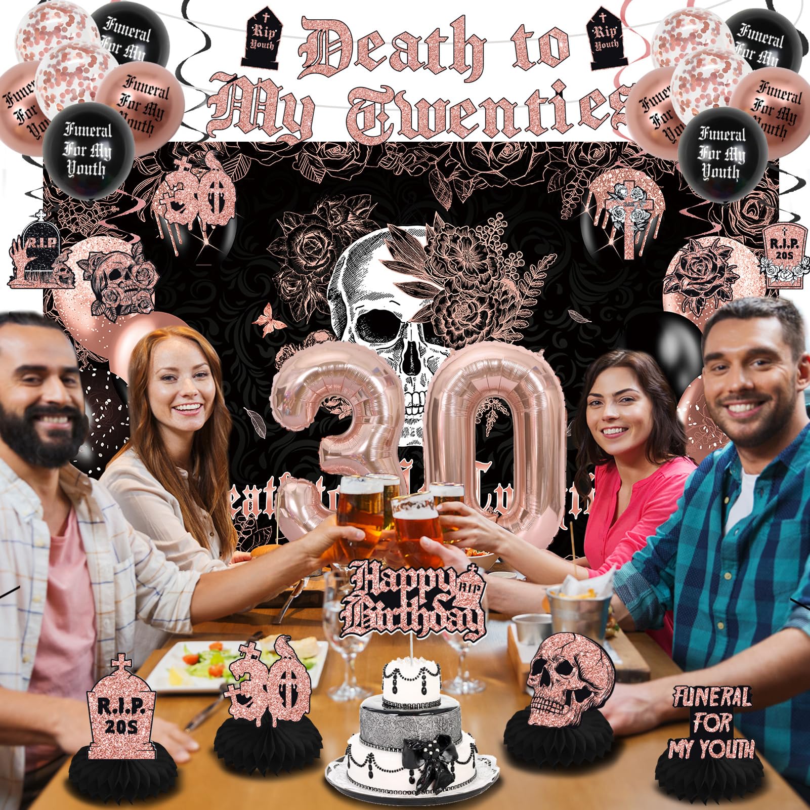 Crenics Rose Gold and Black Death to My 20s Decorations - Death to My Twenties Backdrop, Banner, Honeycomb, Sash, Hanging Swirls, Cake Topper and Balloons for 30th Birthday Party Decorations for Her