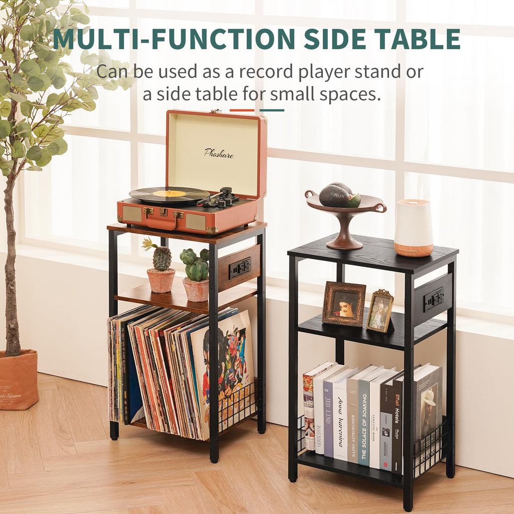 Yoobure Record Player Stand, 3-Tier White Side Table with Charging Station, Small End Table Record Holder with Vinyl Storage, Beside Tables Turntable Stand for Album CD, Night Stand for Living Room
