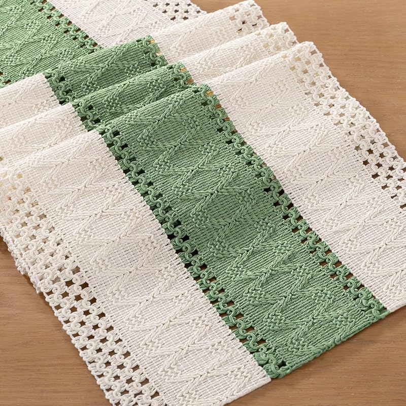 Ivory & Sage Boho Table Runner 12" x 90" | Cotton, Machine Washable