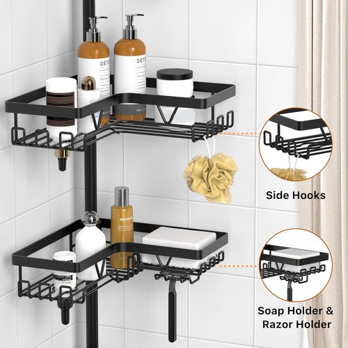 KEGII Corner Shower Caddy Tension Pole - Waterproof Floor-to-Ceiling Organizer | Adjustable 25-114.2 Inch, Black