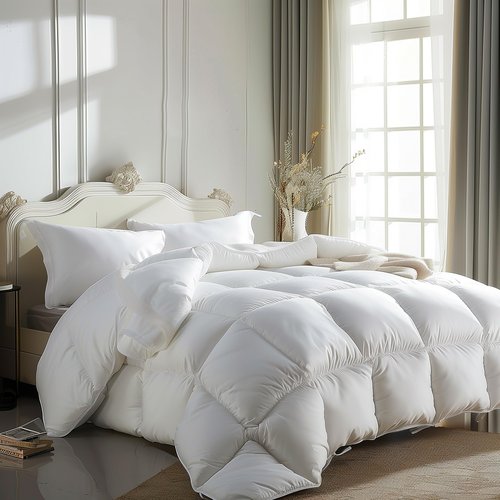Luxurious Goose Feather Down Fiber Comforter Full Queen Size, Hotel Collection Fluffy 100% Cotton Cover Duvet Insert, 56 oz. Fill Weight, All Season Medium Warmth 90 x 90 Inch White Solid