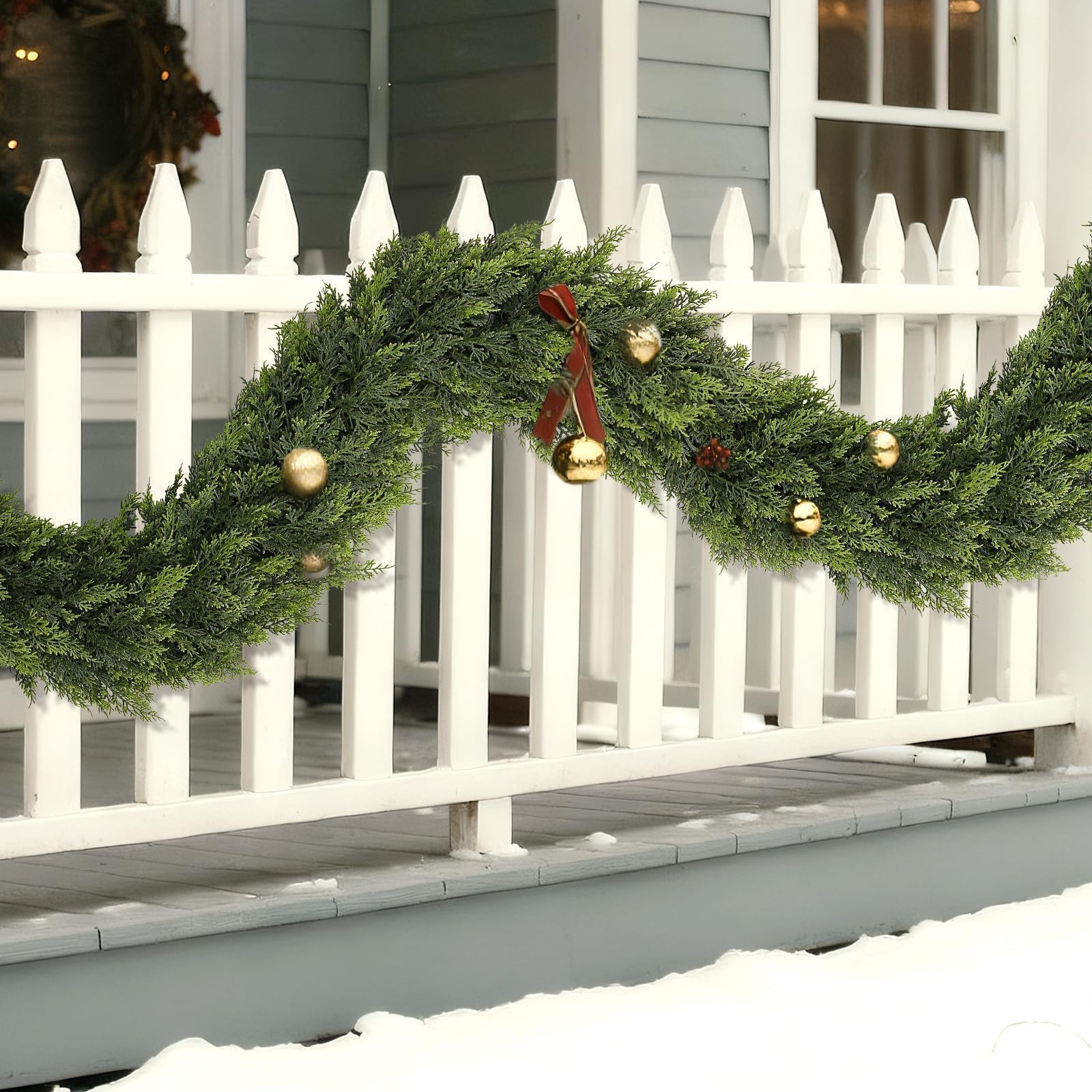 9FT Real Touch Christmas Cedar Garland - 1PCS, Artificial Pine Needles Garlands Realistic Fake Green Faux Garland for Holiday Fireplace,Table,Window,Stairs,Mante,Indoor Outdoor Decor