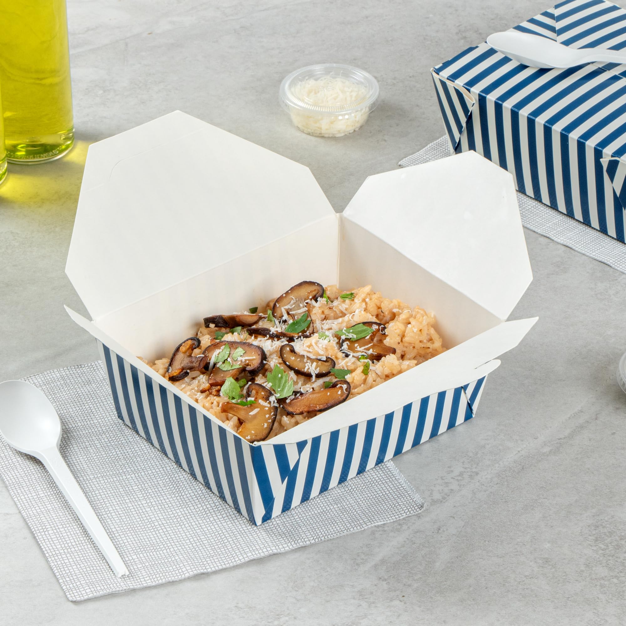 Restaurantware-Bio Tek 6.7 x 5.5 x 2.6 Inch Food Containers, 200 Durable Takeaway Boxes - Disposable, Striped, Blue And White Paper 45 Ounce Takeout Boxes, Rectangle, For Takeouts And Delivery