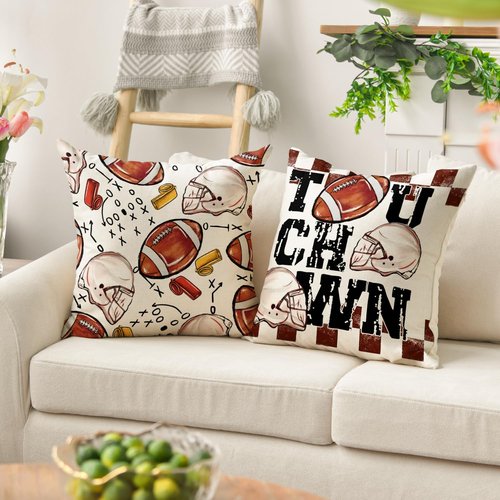 AVOIN colorlife Football Game Day Throw Pillow Covers, 18 x 18 Inch American Football Game Touch Down Sports White Cushion Case for Sofa Couch Set of 4