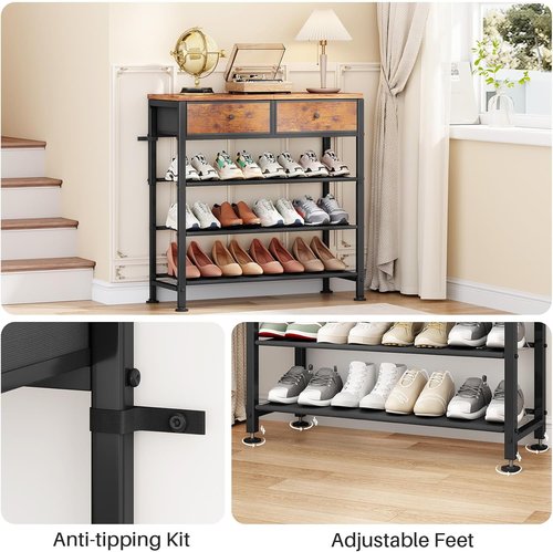 Kitstorack Shoe Rack - 4-Tier Organizer for 9-12 Pairs with 2 Drawers & Rustic Brown Wooden Top