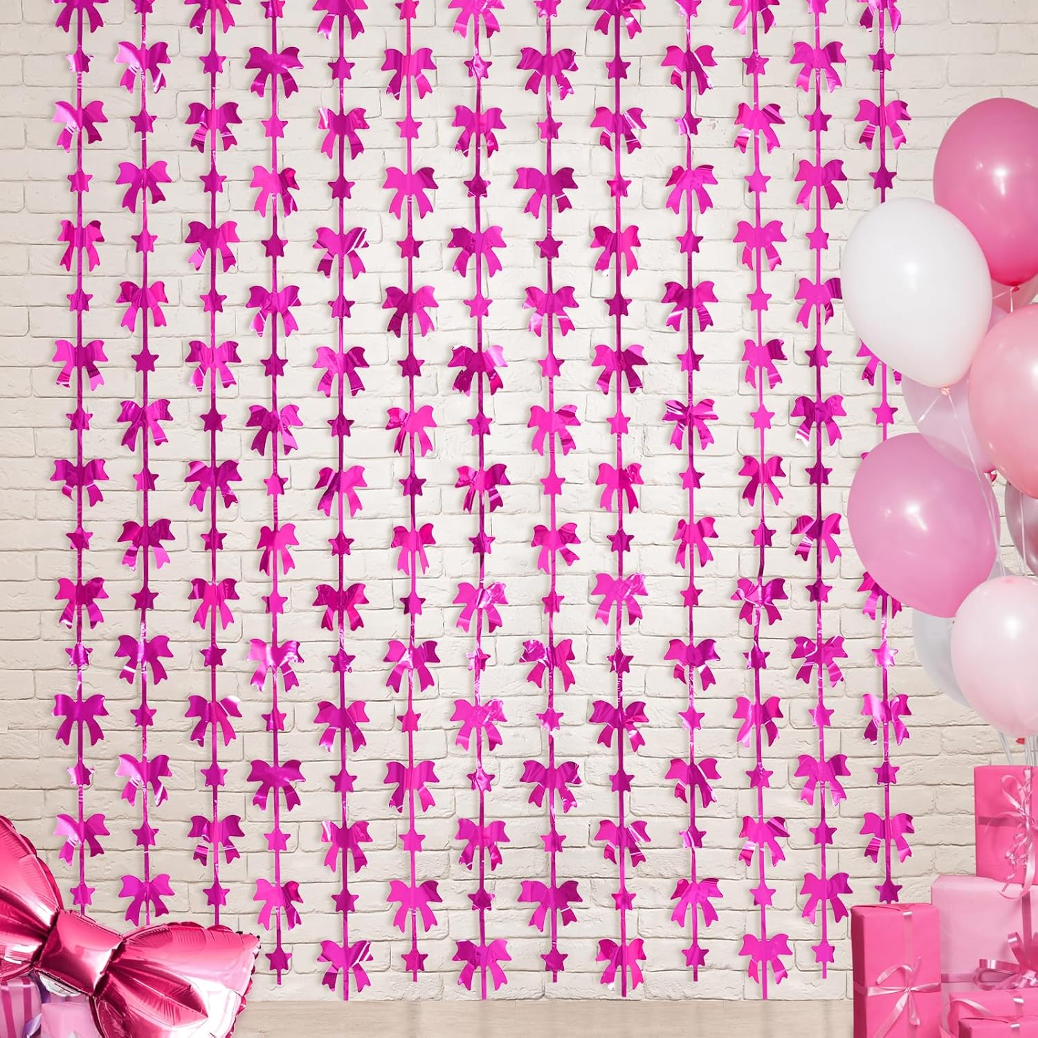 Menstarsi Bow Party Decorations - Hot Pink Foil Fringe Curtains | 2 Pack, 3.3 X 6.6 Ft Backdrop for Birthdays & Bachelorette Parties