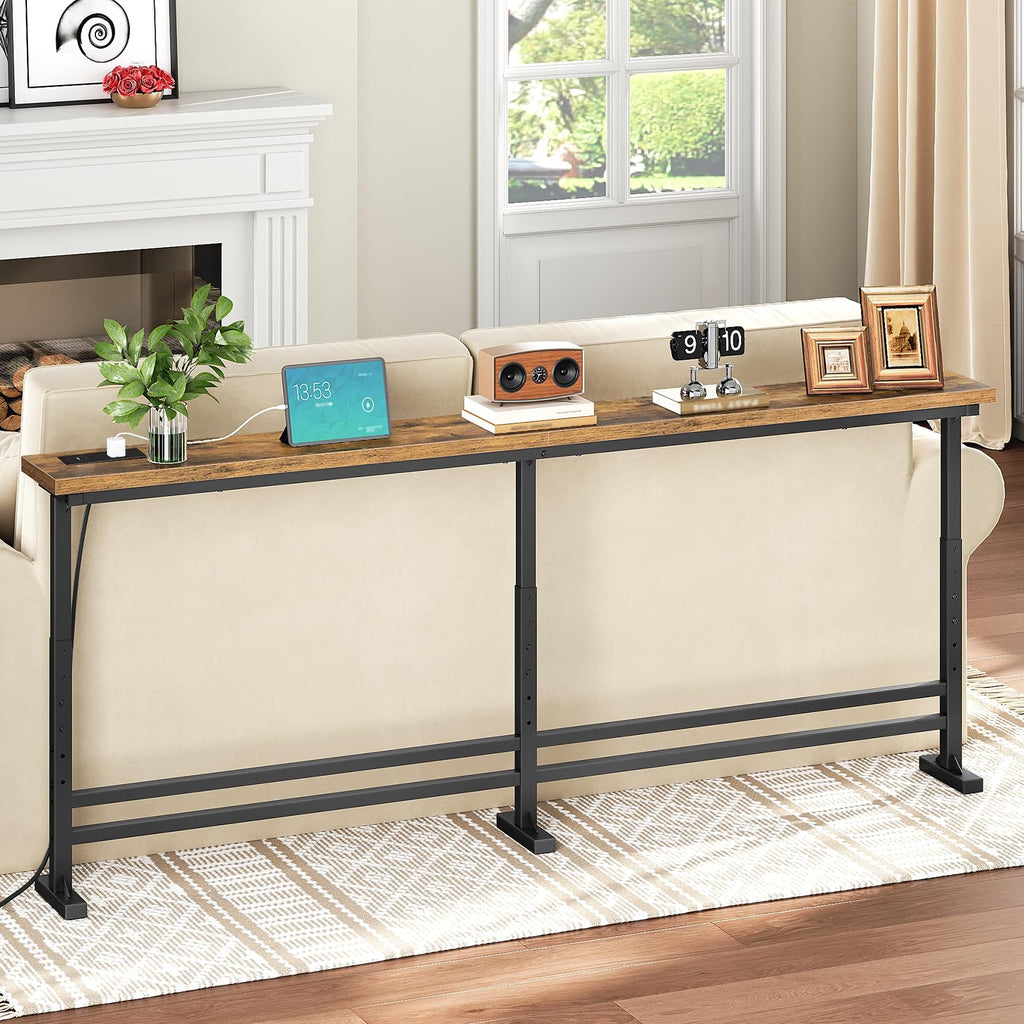 YATINEY 70.9" Console Table with Adjustable Height (27.6"-35.4") and Power Outlet, Skinny Behind Couch Table, Narrow Long Sofa Table for Living Room, Hallway, Entryway, Rustic Brown and Black CT08UBR