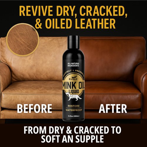 Eagle Mink Oil Liquid Leather Conditioner 8oz with Cloth – Softens, Waterproofs & Preserves Boots, Shoes, Bags, Jackets & Furniture – Natural Leather & Vinyl Conditioner for Long-Lasting Protection