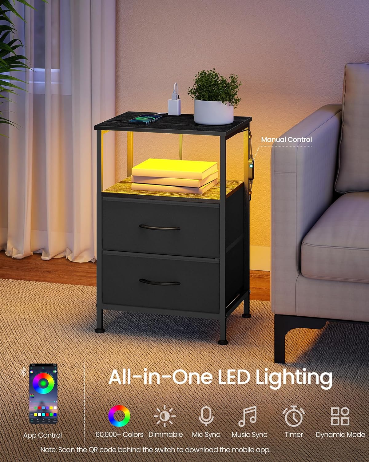 SONGMICS Nightstand with Charging Station - App-Controlled LED Lights, 2 Drawers & Open Shelf, Ink Black & Ebony Black