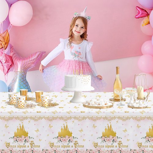AIBIIN 3Pcs Princess Birthday Party Tablecloths Once Upon a Time Table Cover Floral Gold Castle Party Decorations for Girls Women Birthday 108 x 54 Inch