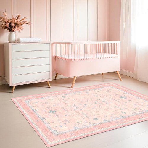 Hazo Haus Nursery Area Rug - Charming Boho Vintage Design, Washable & Non-Slip | 4x6 Pink Rug for Girls' Bedroom