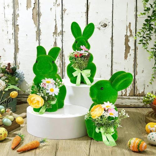 BrilliantJo Moss Bunny Figurines - Cute Spring Decor Gift Set of 3 (10") for Home & Garden