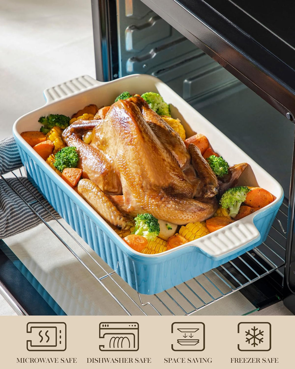 MALACASA 4.4 QT Baking Dish - Large 9x13 Ceramic Casserole Pan with Handles - Microwave Safe, Blue