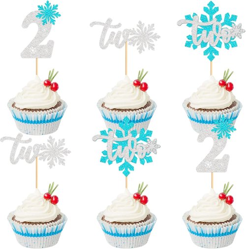 Ercadio Blue Snowflake Cupcake Toppers - 24 PCS Glitter Picks for Winter Onederland Theme Party