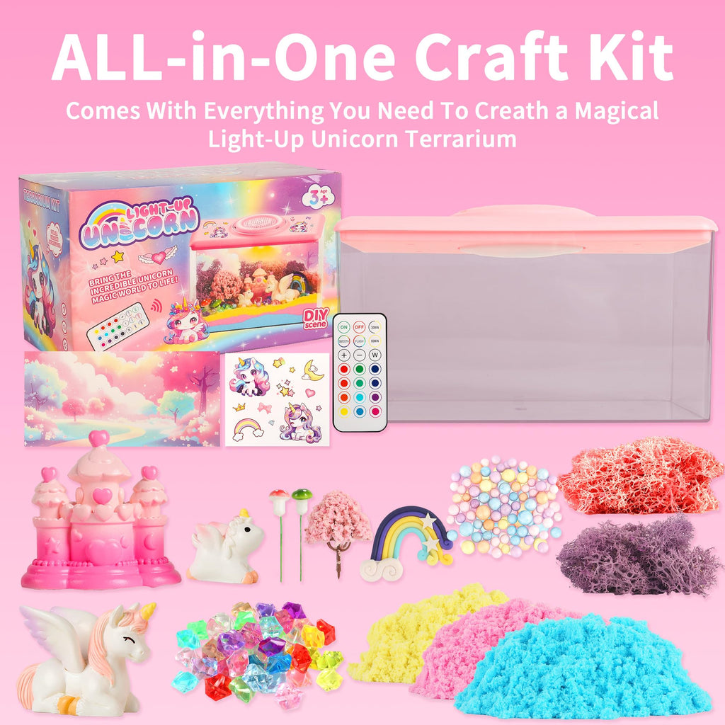 Unicorn Light-Up Terrarium Kit Toys for Kids - Not Fragile - LED Night Light Birthday Gift for Girls Ages 4 5 6 7 8-12 Year Old - DIY Arts and Crafts Kit, with Music, Stickers, Background