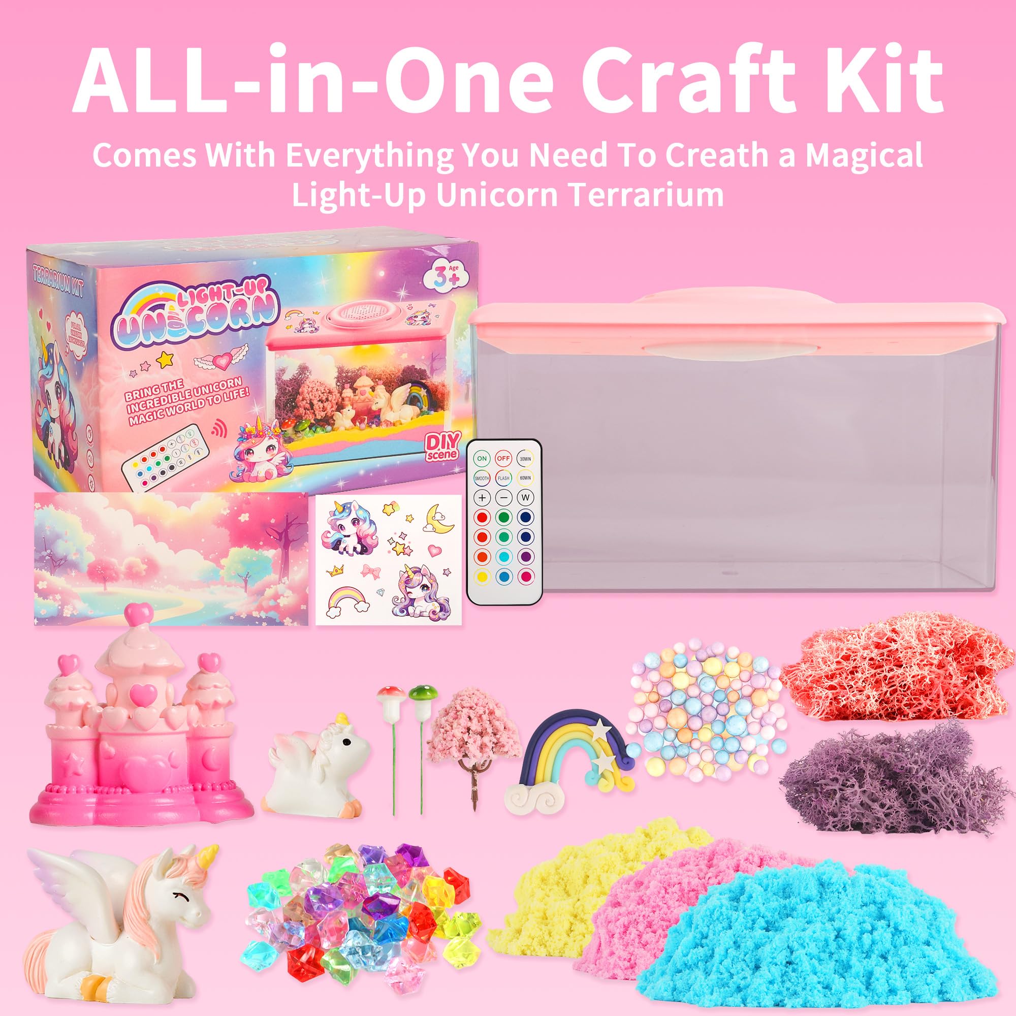 Unicorn Light-Up Terrarium Kit Toys for Kids - Not Fragile - LED Night Light Birthday Gift for Girls Ages 4 5 6 7 8-12 Year Old - DIY Arts and Crafts Kit, with Music, Stickers, Background