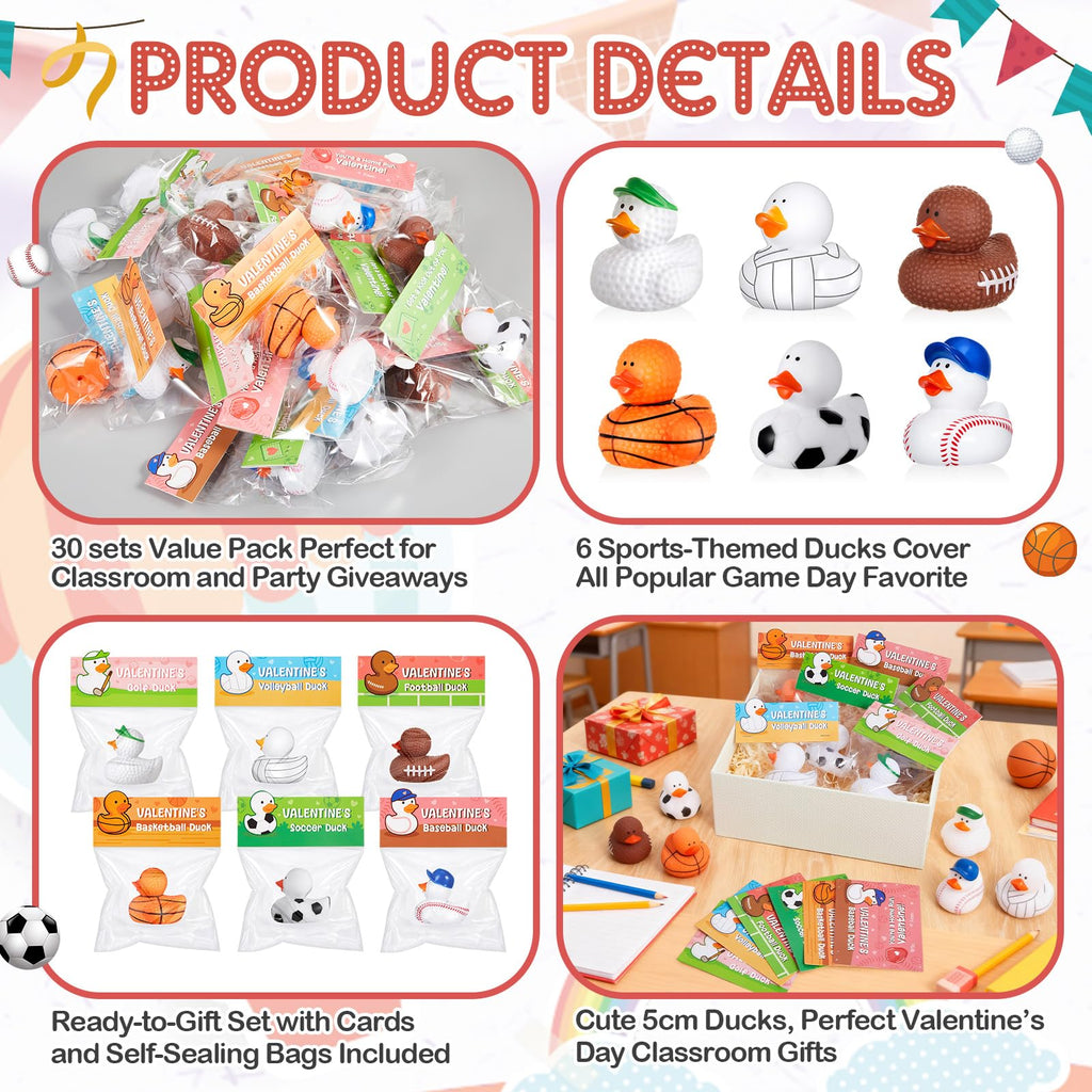Deekin 30 Packs Valentines Gifts for Kids 2 Inches Sports Valentines Rubber Ducks Valentine's Day Exchange Gifts for Boys Girls School Classroom Prizes Cruise Ships Party Favors