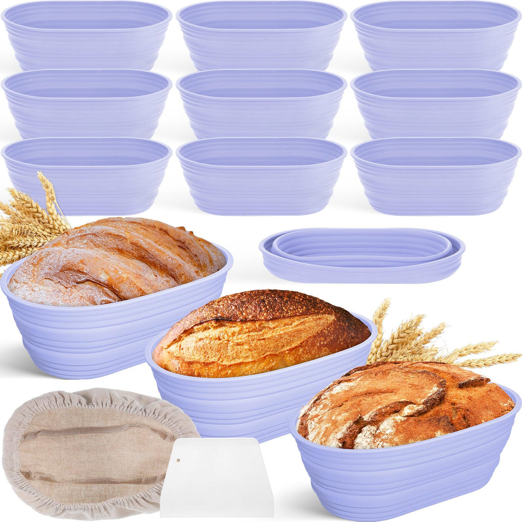 Nuogo 9 Pack Oval Bread Proofing Basket Silicone 10 Inch Collapsible Sourdough Bread Baking Supplies Dough Proofing Bowl with Dough Scraper and Basket Covers (Purple)