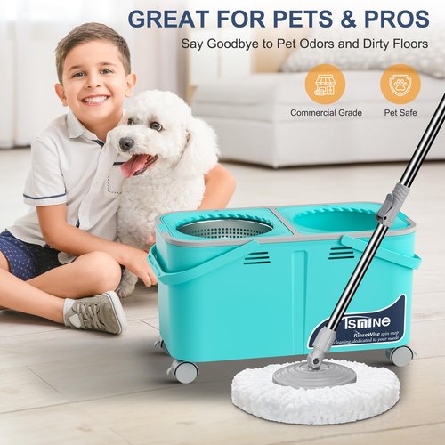 Easy-Use Spin Mop for Cleaner, Controlled Rinsing, Clean & Dirty Water Separation Mop Bucket for Pet & Family Homes,360° Swivel Wheels, Safe for Hardwood & Tile, Adjustable Handle,6 Reusable Mop Heads