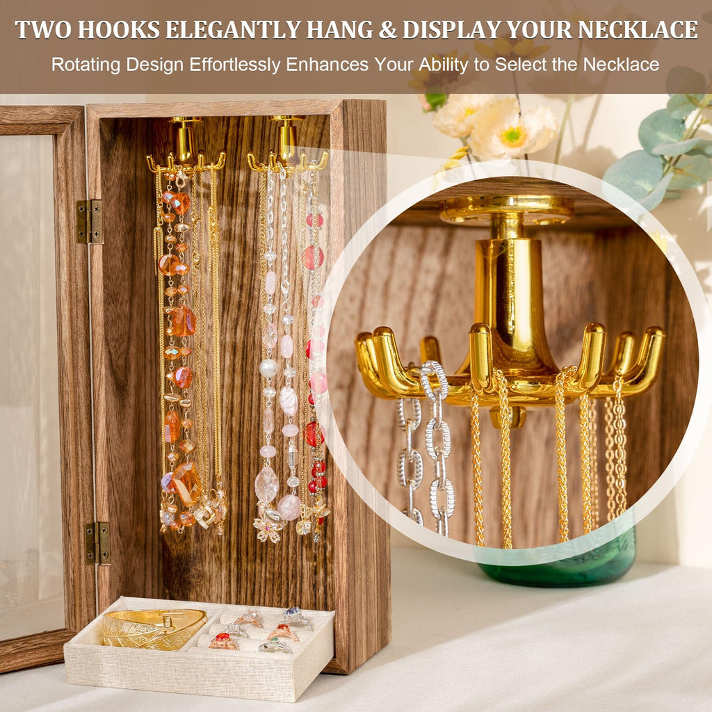 SINGLBA Necklace Holder Organizer, Wooden Jewelry Box for Women Girls, Rotatable Jewelry Organizer Case with Ring Tray Display & Storage for Necklaces Bracelets Rings Earrings, Gifts for Women Her