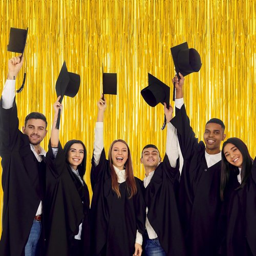 Gold Backdrop Curtains by Class of 2026 - 12 Pack Metallic Fringe Streamers | 3.28 FT x 7.05 FT Graduation Decorations