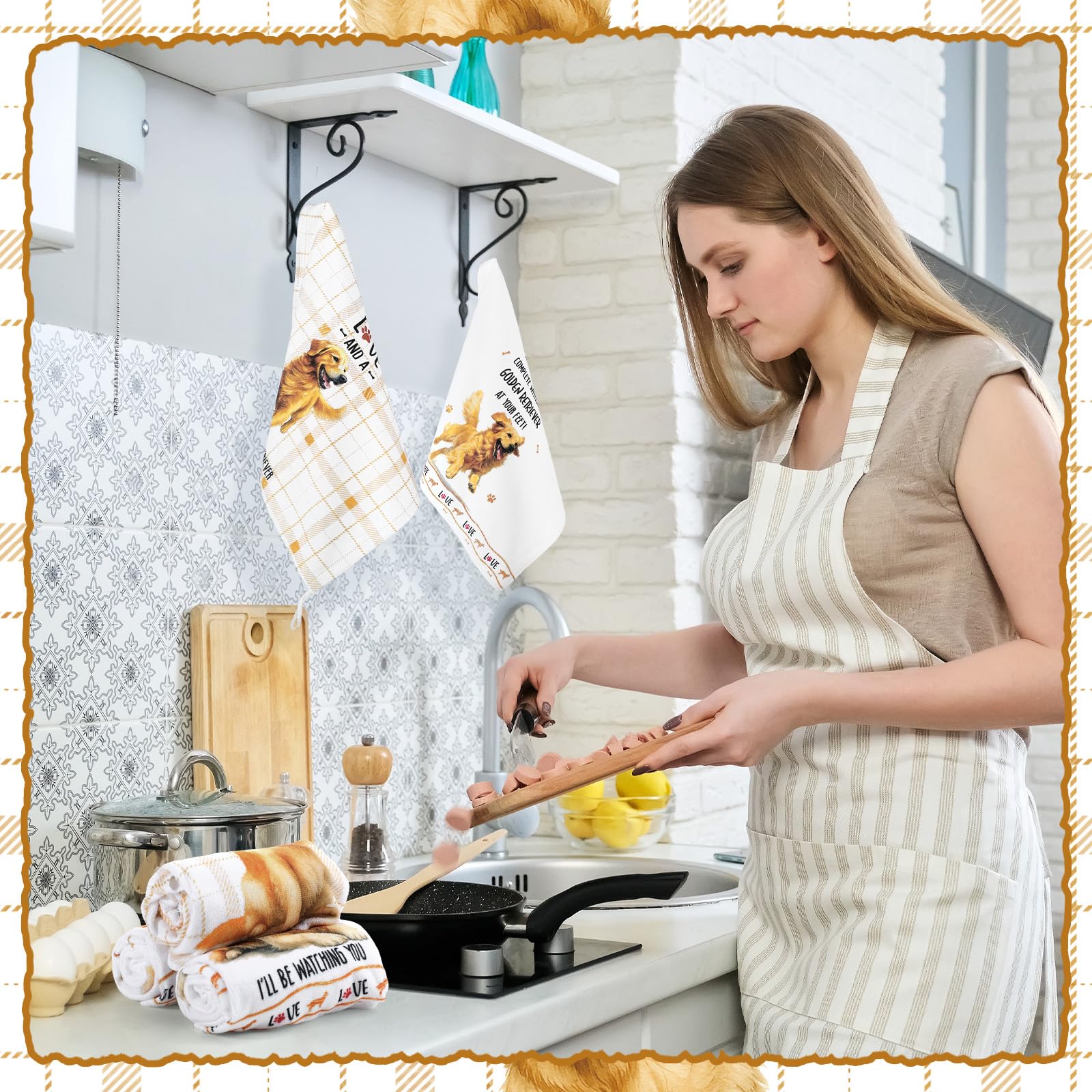 Redbaker 6 Pcs Golden Retriever Kitchen Towels Funny Dish Towel Gifts for Golden Retriever Lovers Kitchen Hand Tea Dishcloth Dog Owner Decorative with Hanging Loop for Christmas Home Housewarming Gift