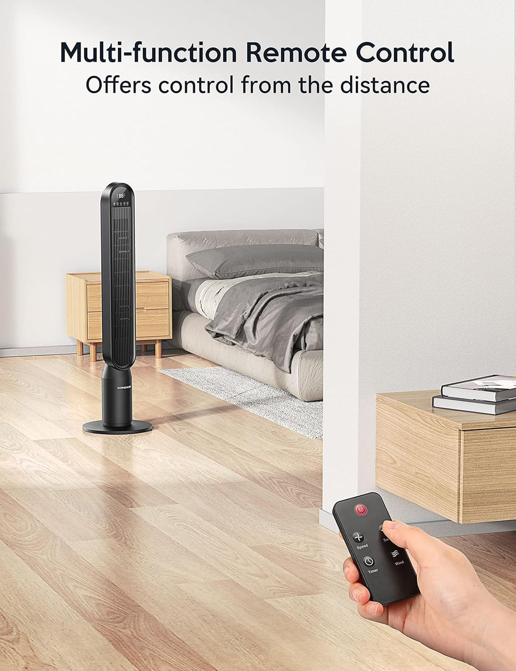 VAGKRI 42-Inch Quiet Tower Fan - Bladeless Design with 135° Oscillation & 4 Speed Modes | Remote Control, Black
