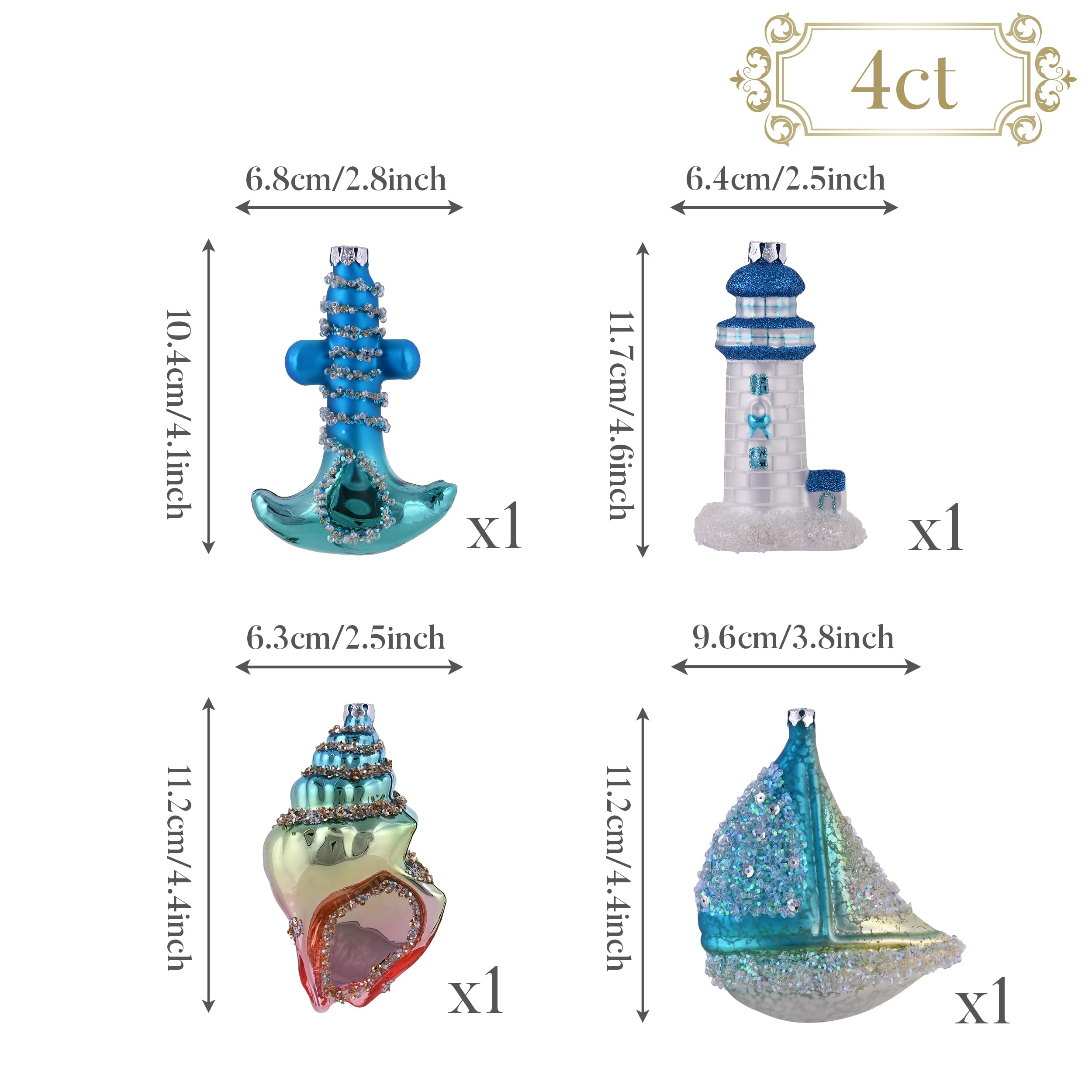 Valery Madelyn Glass Christmas Ornaments Set, 4ct Light Blue and Silver Blown Glass Christmas Tree Decorations, Summer Beach Coastal Ocean Nautical Marine Xmas Hanging Finial Balls Bulk Holiday Decor