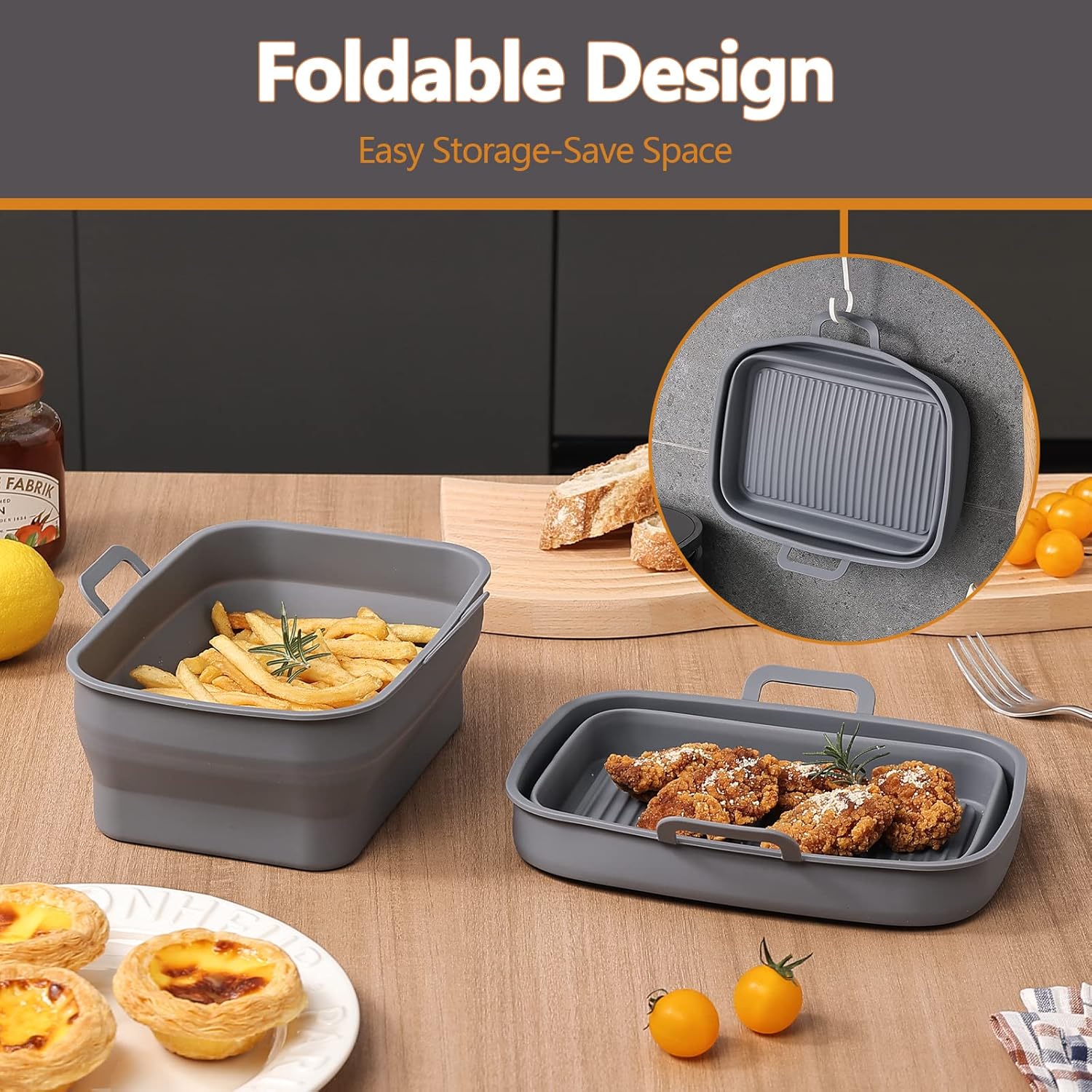 NINJA Air Fryer Silicone Liners - Reusable Collapsible 2-Pack for 8QT & 10QT Baskets | Gray