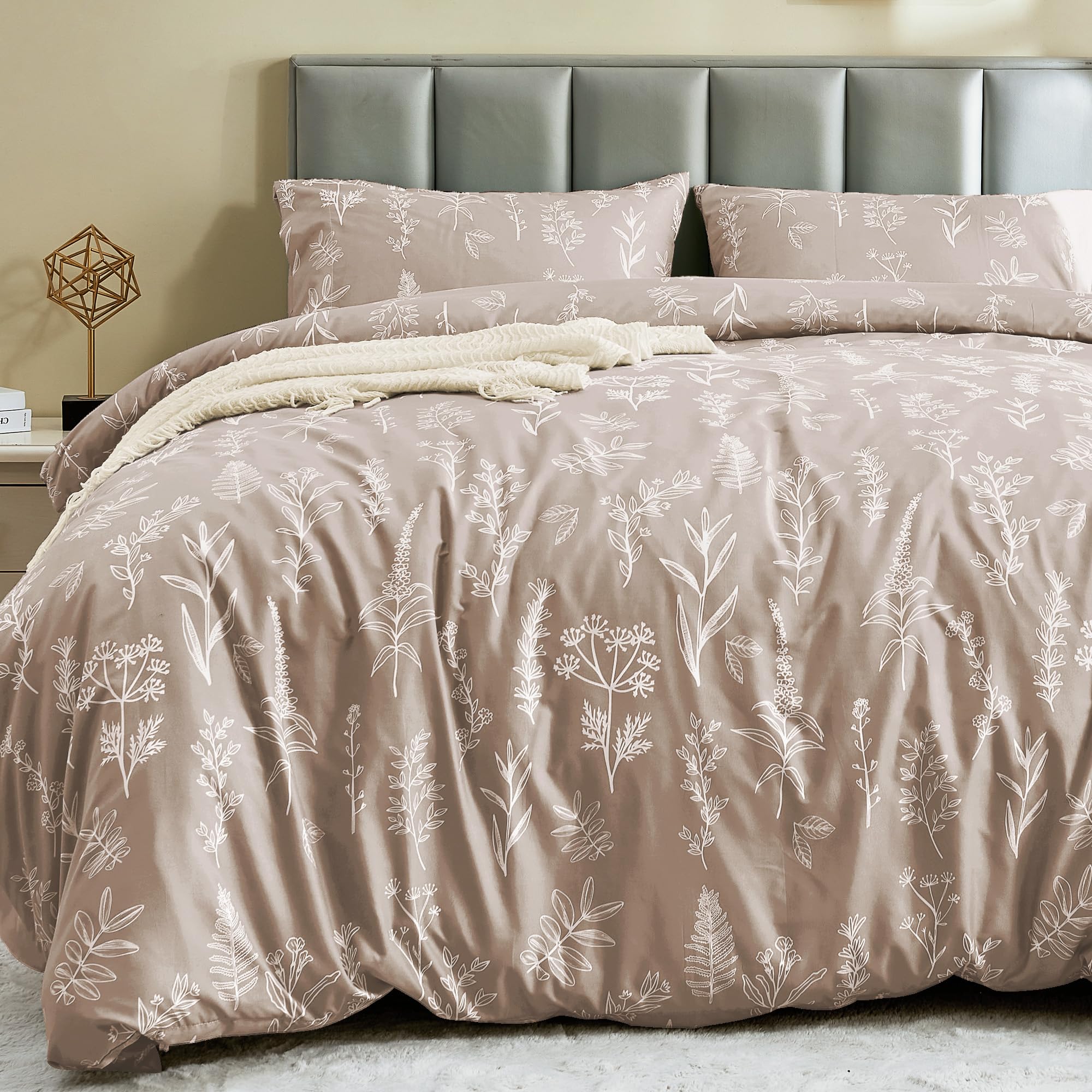 MUXHOMO Duvet Cover Queen Size, Reversible Floral Taupe Duvet Cover Set with Zipper Closure, 3 Pieces Botanical Patterns Soft Microfiber Bedding Set with 4 Ties (90"x90", 2 Pillow Cases)