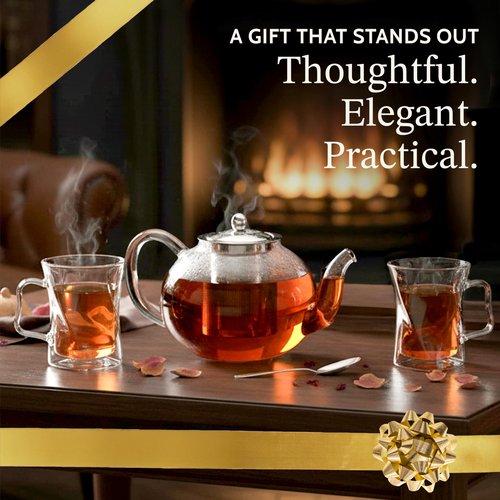 James Bentley Glass Coffee and Tea Set – Borosilicate Glass Teapot Set for Adults with 40oz Teapot & 4 Insulated Glasses, Stainless Steel Strainer for Bags and Loose Tea– Microwave, Dishwasher Safe