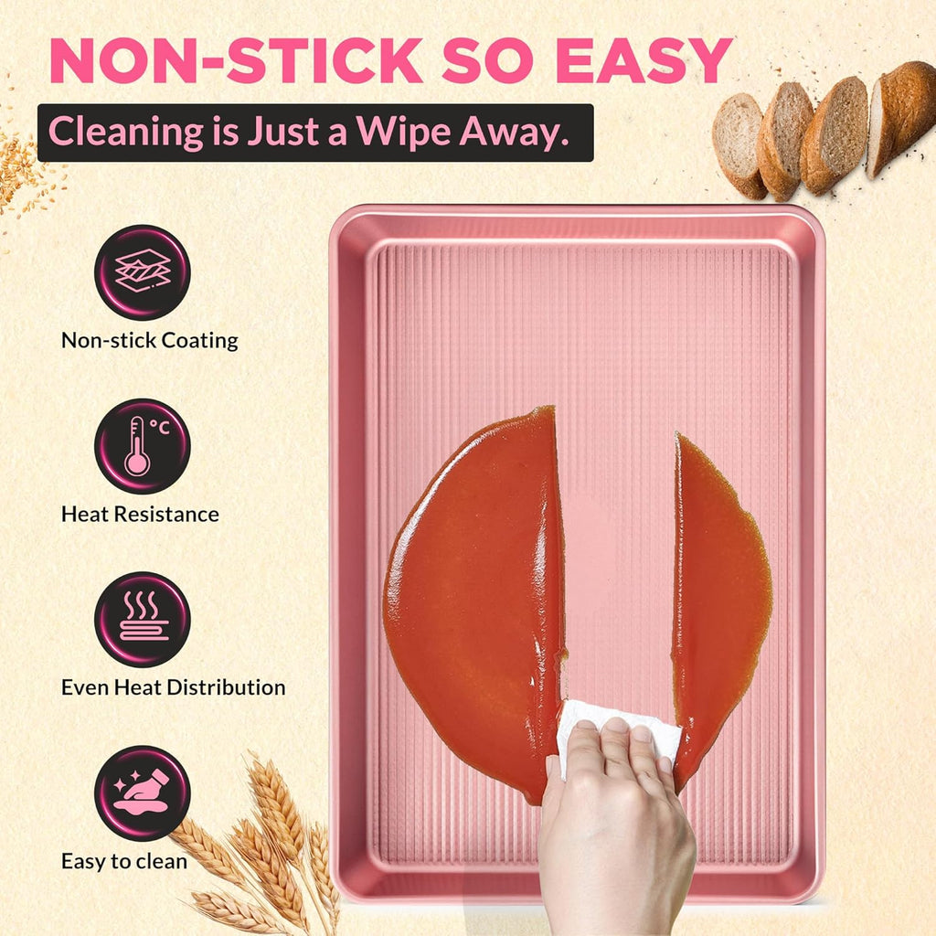 Professional Non-Stick Baking Sheets Set - 3-Piece Heavy Duty Carbon Steel Cookie Sheets | Oven Safe & Even Heating (Pink)